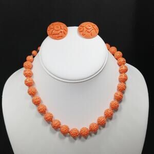 Vintage Coral Lucite Bead Necklace Earrings Set 1950s Floral